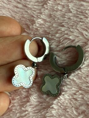 Silver Mother-of-Pearl Clover Drop Mini Hoop Earrings